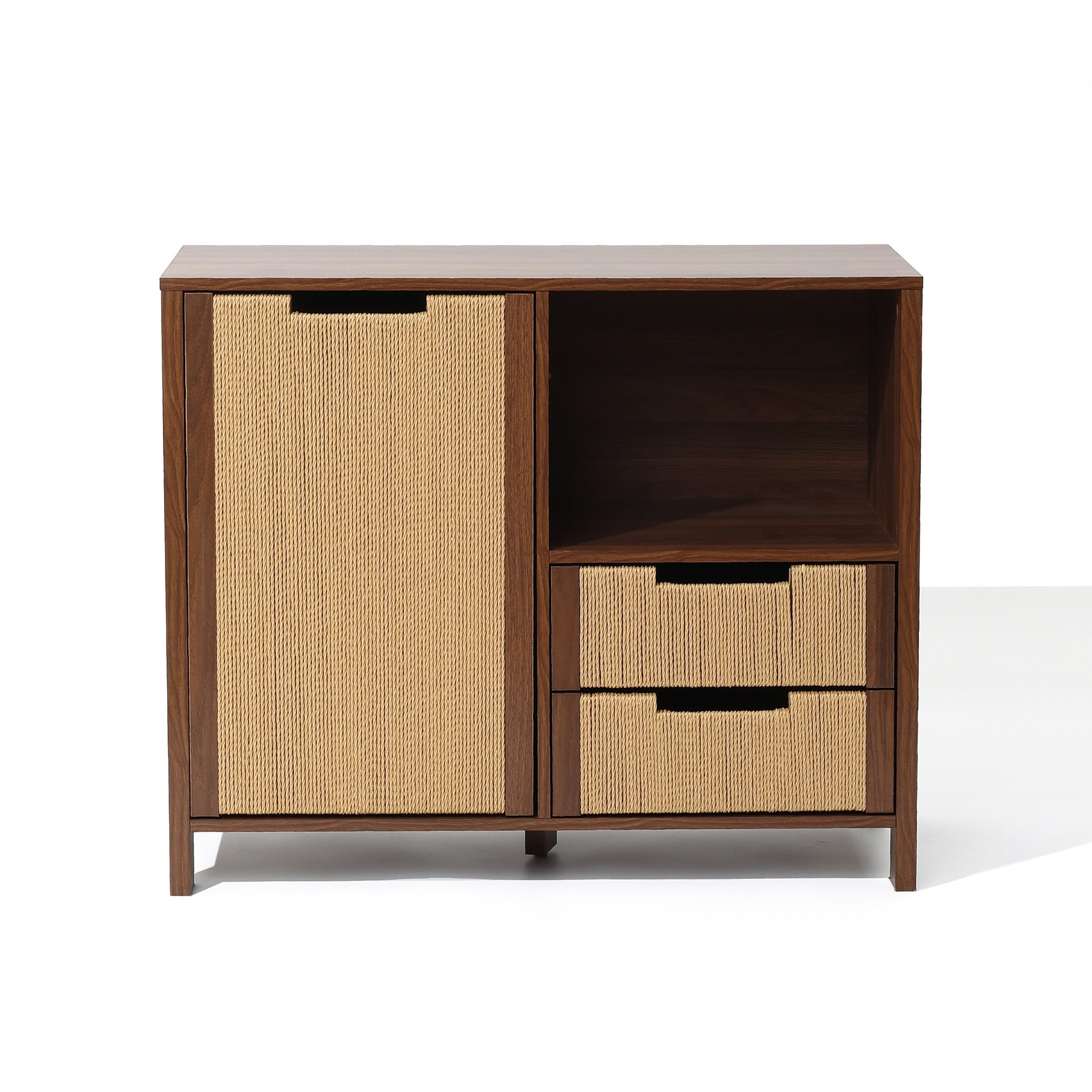Walnut Finish MDF Wood with Rope Front 1-Door 2-Drawer Cabinet