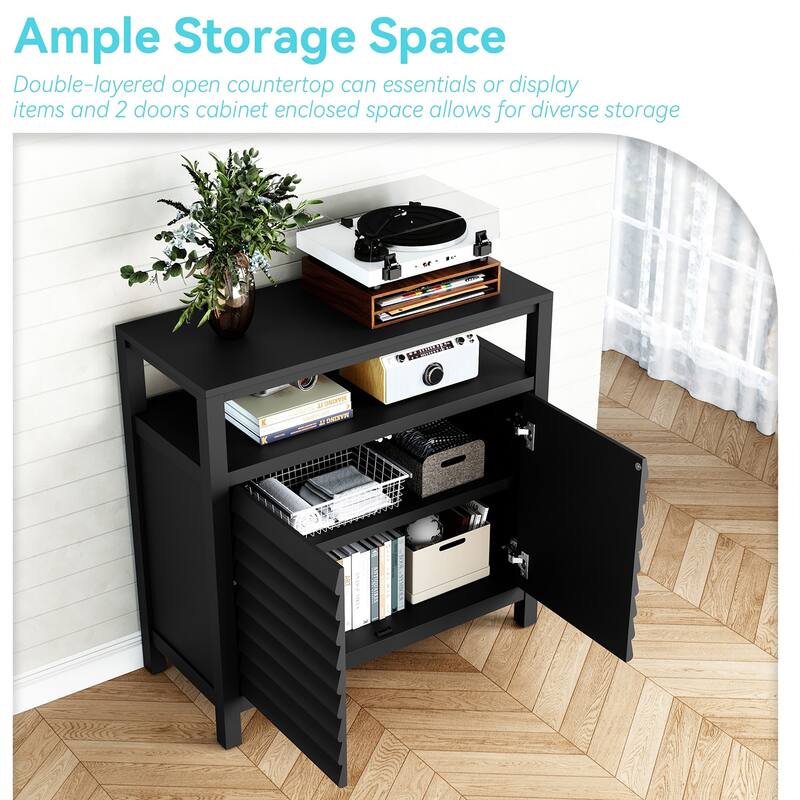 Accent Cabinet with Louver Doors, Open Shelf Storage for Living Room