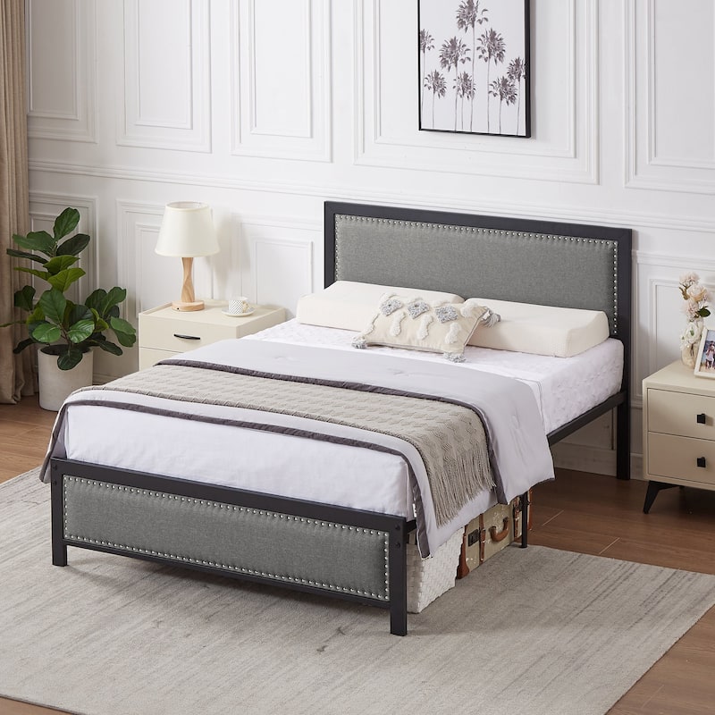 VECELO Bed Frame with Upholstered Linen Headboard and Footboard Heavy-Duty Platform with Strong Metal Slats