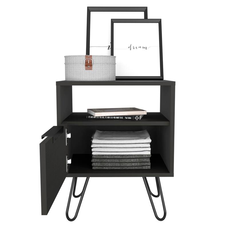22-Inch Nightstand with Single Door Cabinet and Open Shelf, Black