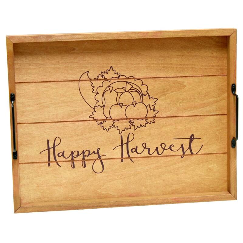 HomeRoots 16" Natural And Burgundy Happy Harvest Serving Tray With Handles - 15.50 in. x 2.25 in. x 12.00 in.