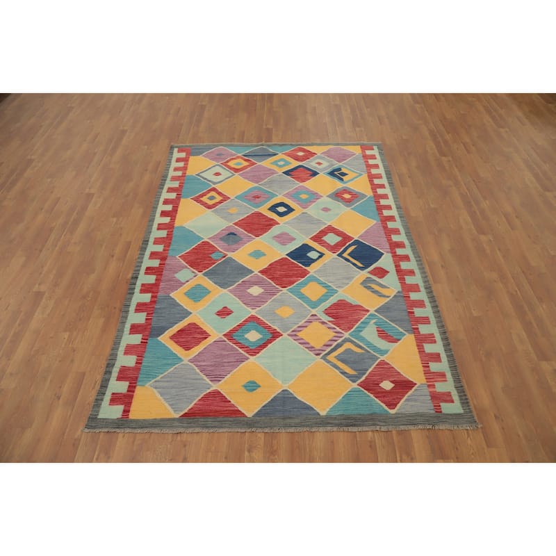 Hand Woven Oriental 100% Wool Carpet Southwestern Tribal Multi-Colored Kilim Area Rug - 8' 4'' X 5' 11''