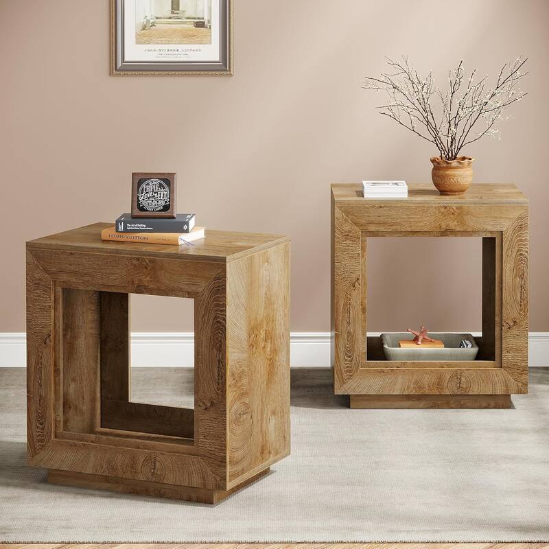 24" Rustic 2-Tier End Table, Side Table with Storage Shelf, Sofa Nightstand for Living Room, Bedroom, Entryway