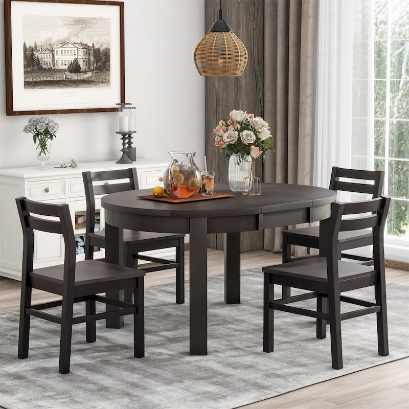 Merax Farmhouse 5-Piece Extendable Round Dining Table Set - Espresso