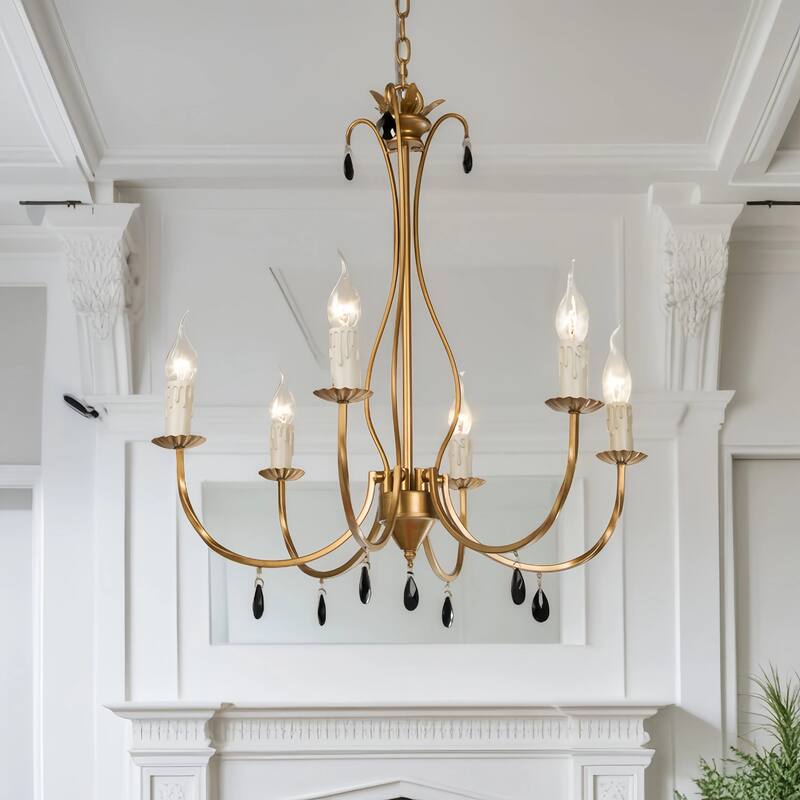 Mid-century Modern 6-Light Antique Gold Classic Crystal Chandelier - W 23"x D 23"x H 24" - Antique Brushed-Gold