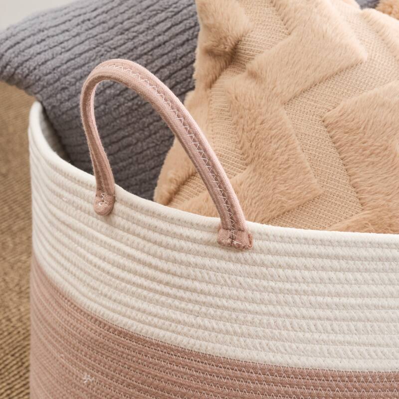Cotton Round White Brown Laundry and Storage Basket