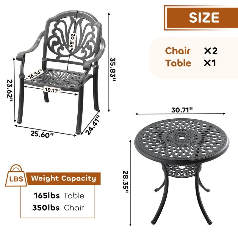 3-Pc Aluminum Patio Set , 2 x Armchairs with Brown Cushions with 1 With Umbrella Hole Table
