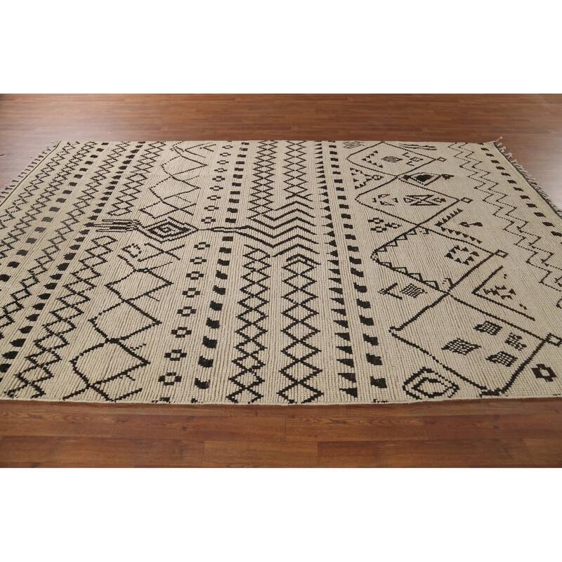 Geometric Beige / Ivory Moroccan Area Rug Hand-Knotted Wool Carpet - 6'9"x 10'11"