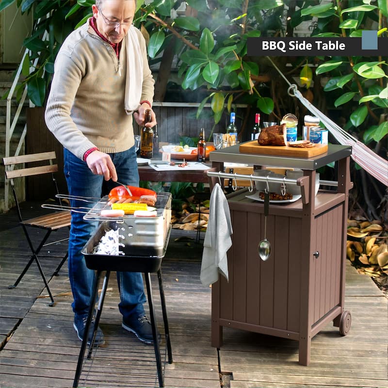 Barbecue/Grill Side Table Trolley, Outdoor Prep Dining Table Serving Cart with 304 Stainless Steel Top-HDPE