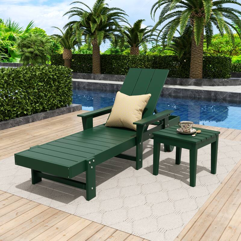 Polytrends Shoreside Modern Poly Eco-Friendly All Weather Reclining Chaise Lounge With Arms, Wheels, & Side Table (2-Piece Set)
