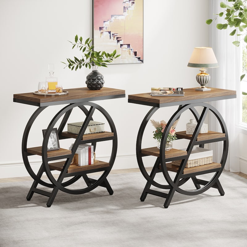 End Table Set of 2, 3-tier Narrow Side Table with Storage for Living Room - 11.8" D x 25.59" W x 26.18" H - Light Brown
