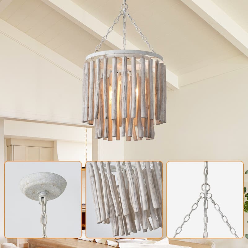 17" 4-Light Coastal 2-Tier Round Fringe White Wood Chandelier - 16.93 " D x 16.93 " W x 29.13" H