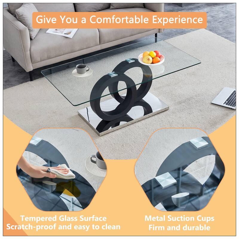 Modern Style Glass Top MDF Coffee Table with Black Base