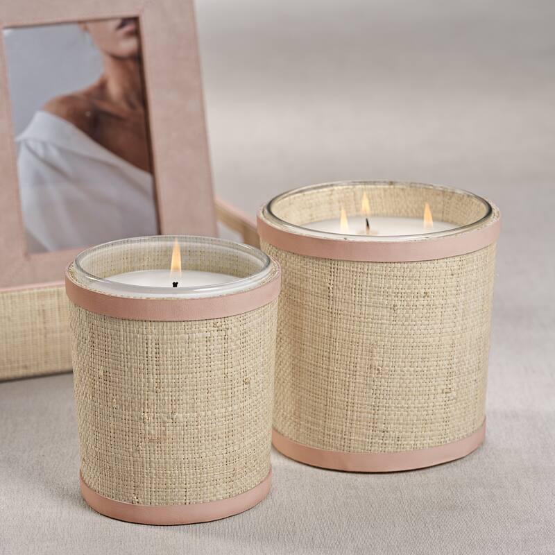 Lemon Peel, Lavender & Tarragon Scented Candle in Natural Raffia Basket w/ Leather Trim