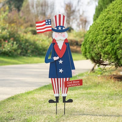 Glitzhome 36"H Wooden Patriotic Uncle Sam Yard Stake Wall Decor Porch Sign