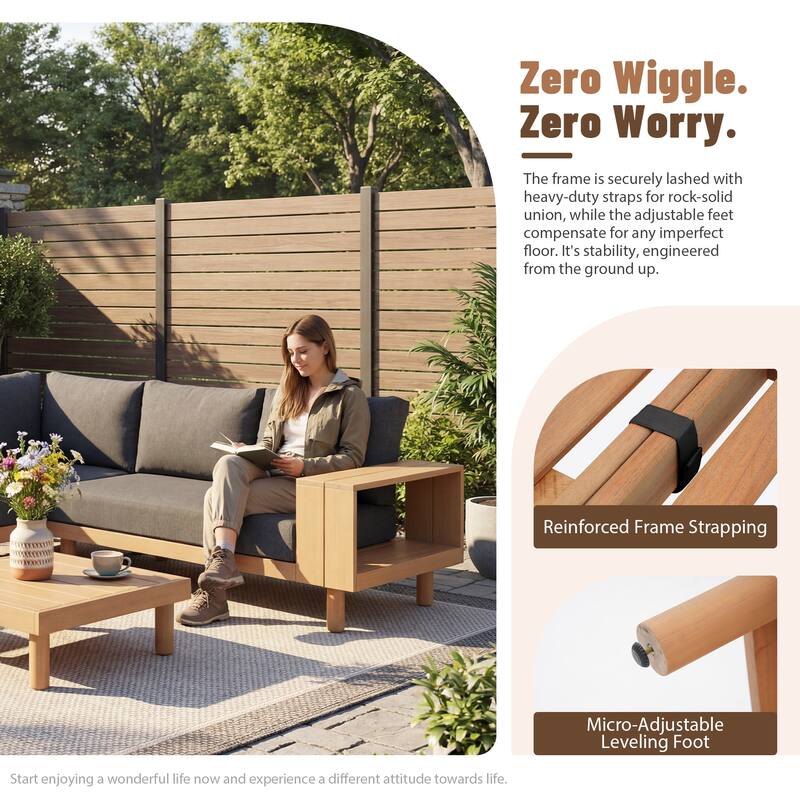 Outdoor 4-Piece Conversation Set Solid Eucalyptus Wood L-Shaped Sectional Sofa with Coffee Table