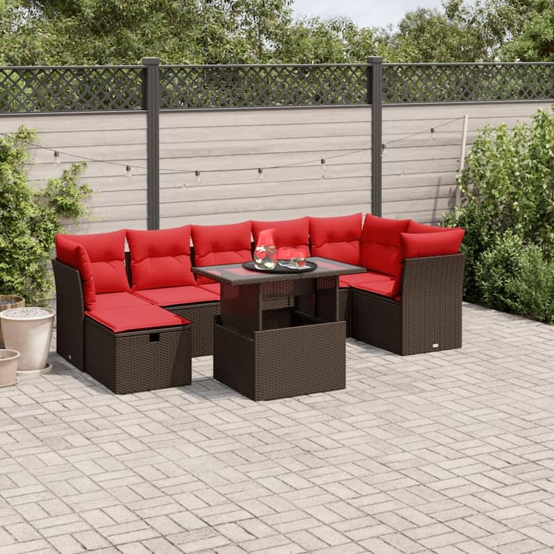 vidaXL Patio Sofa Set with Cushions and Table Outdoor Garden 8 Piece Poly Rattan - 24.4" x 24.4" x 27.2" - Brown