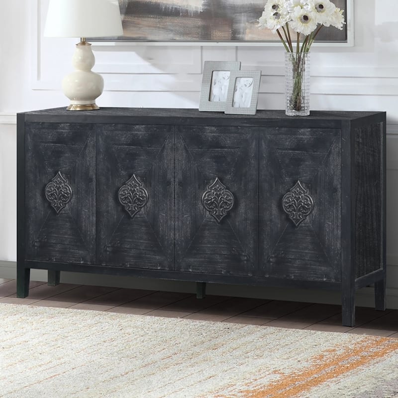 Antique Four Door Cabinet withCarved Flower Door Handle - Antique Black
