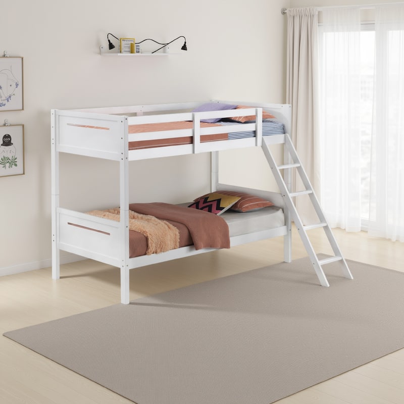 Amey Wood Twin Bunk Bed with Angled Ladder, Guardrail, Slat Kit, White