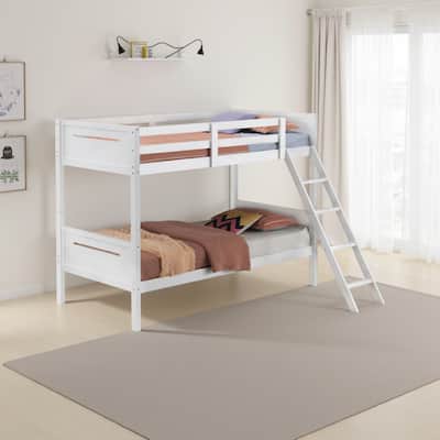 Amey Wood Twin Bunk Bed with Angled Ladder, Guardrail, Slat Kit, White