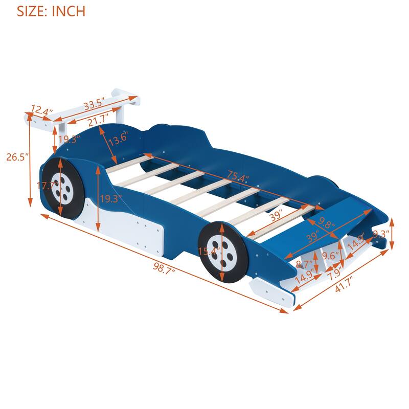 Blue Twin Race Car-Shaped Platform Bed with Wheels - Fun Sleep Adventure!
