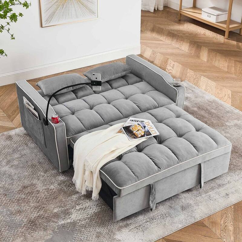55.51'' Modern Versatile Foldable Sofa Bed With Adjustable Back and USB Port and Ashtray and Swivel Phone Stand
