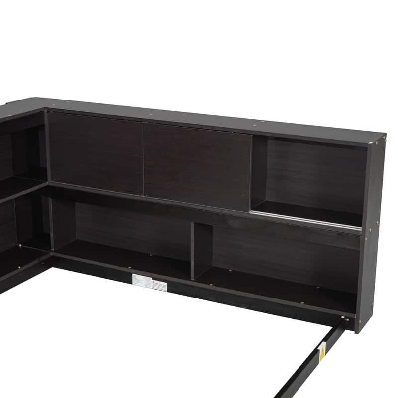 Full Size Wood Floor Bed with L Shape Bookcases,Without Slats