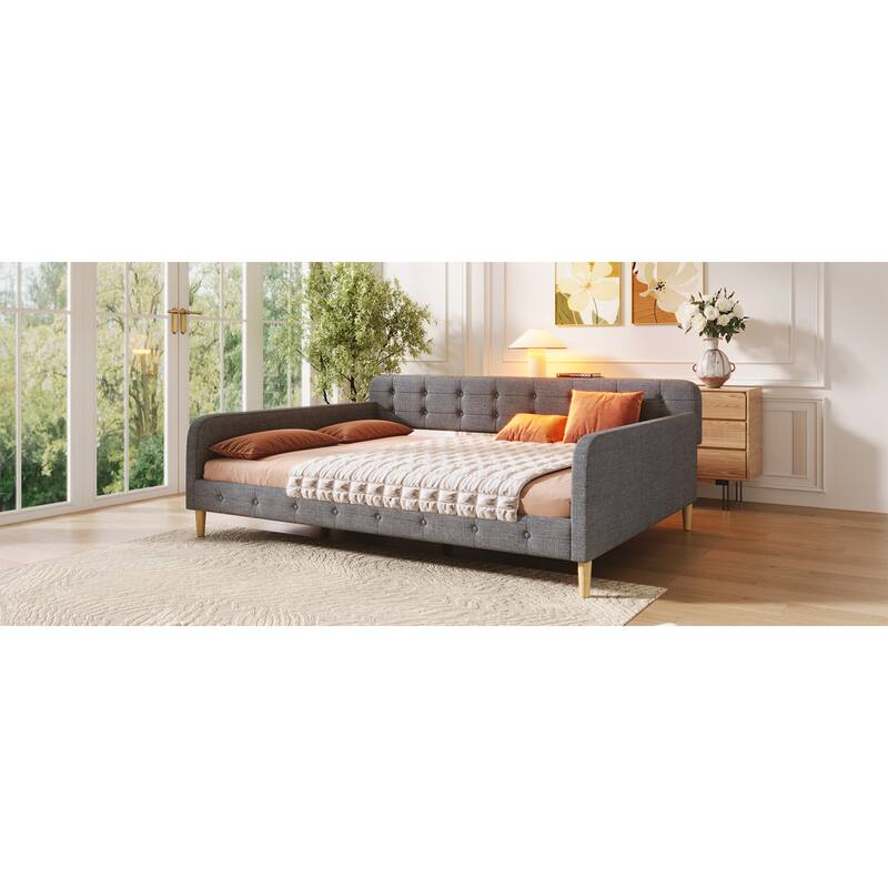 Roomfitters Queen Size Upholstered Daybed, Mid-Century Modern Sofa Bed Frame with Backrest and Tapered Wood Legs