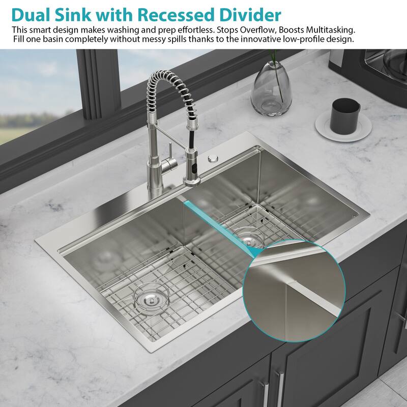 Drop-in Double Bowl 16 Gauge Stainless Steel Kitchen Sink in Brushed Nickel