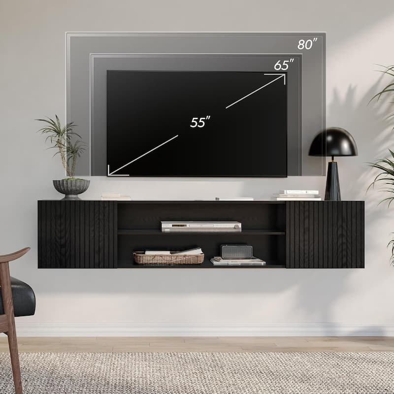 Modern Floating TV Stand with Electric Fireplace for TVs up to 80"