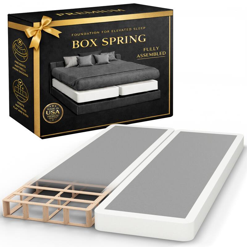 Onetan 4-Inch Wooden Box Spring, Low Profile Split Bed Foundation Ideal for Mattress, No Assembly Needed, White & black.