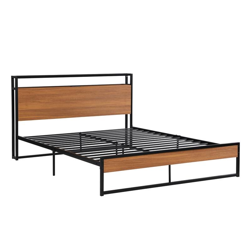 Queen Size Metal Platform Bed Frame with Sockets