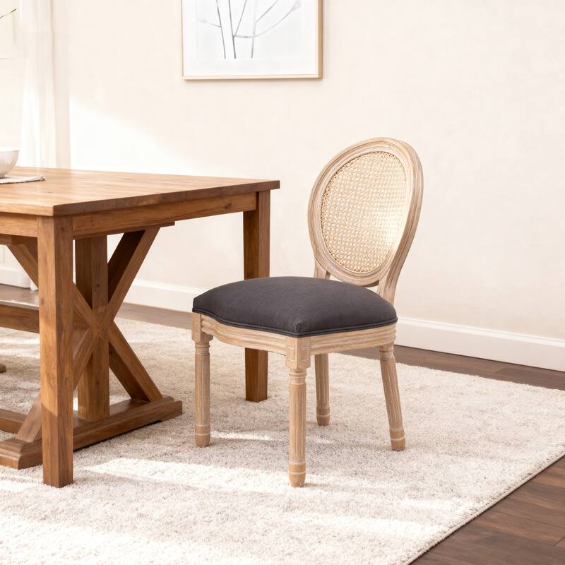 Dining Chairs Set of 2, Rattan Upholstered Vintage Farmhouse Fabric Chair, with Round Backrest and Solid Wood Legs