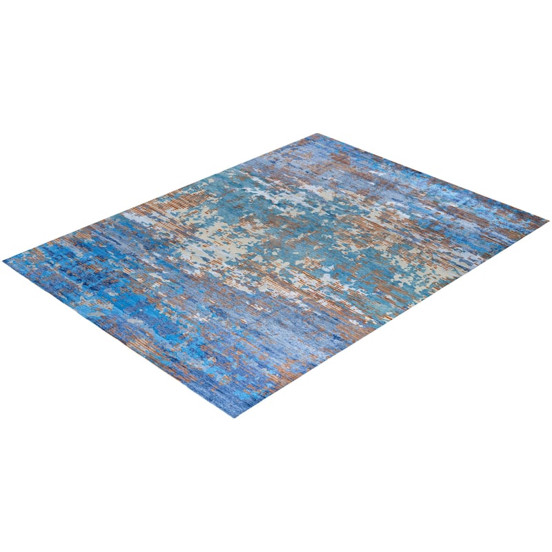Modern One-of-a-Kind Hand-Knotted Area Rug - Navy, 9' 1" x 12' 3" - 9' 1" x 12' 3"