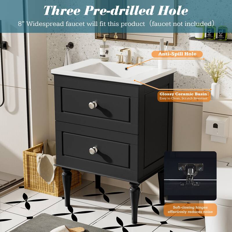 24" Bathroom Vanity Combo Set with Ceramic Sink, Black French-Style Storage Cabinet with 2 Drawers