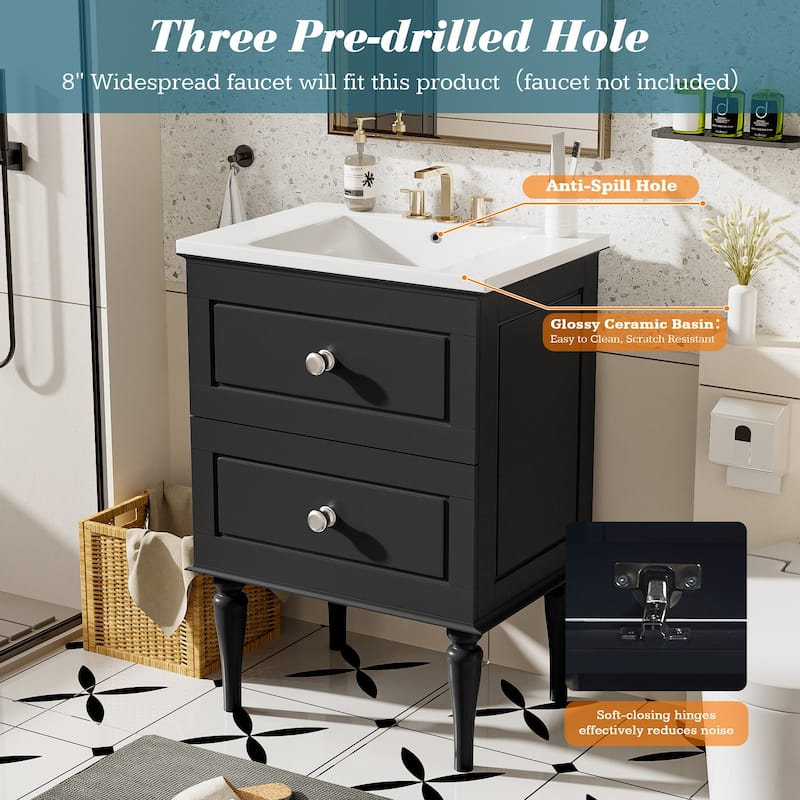 24-Inch Bathroom Vanity with Ceramic Sink, 2 Drawers, Solid Rubber Wood Cabinet, Modern Style