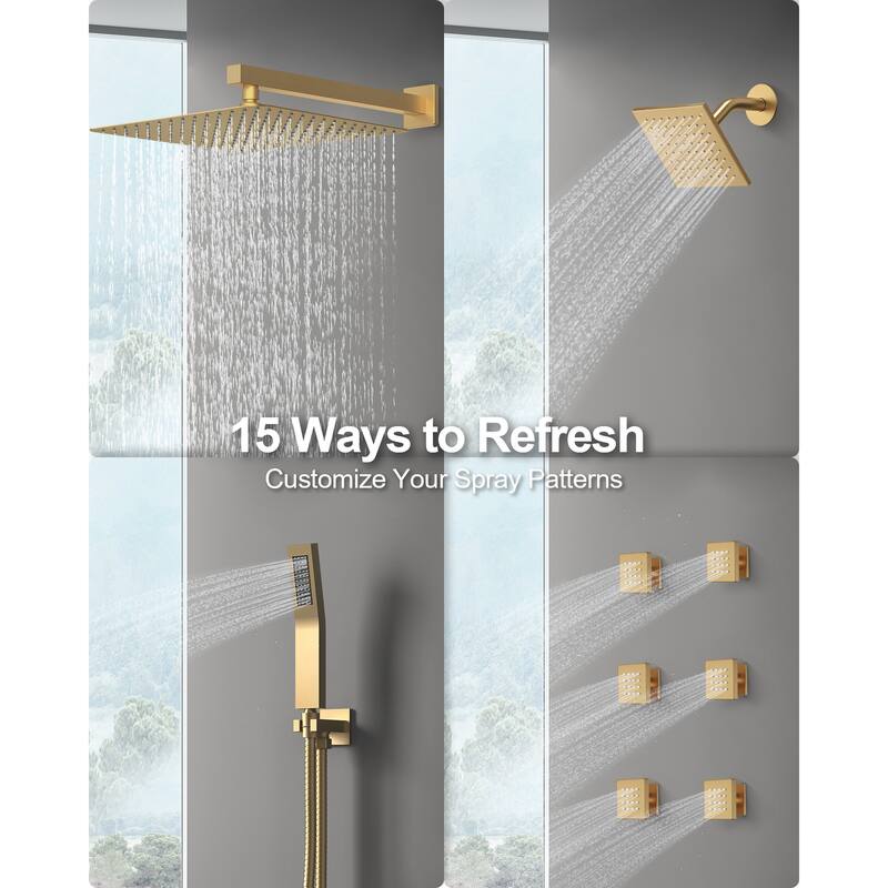 GRANDJOY Shower System Dual Shower Heads 16" and 6" Wall Mounted High Pressure Handheld Spray 6 Body Jets Thermostatic
