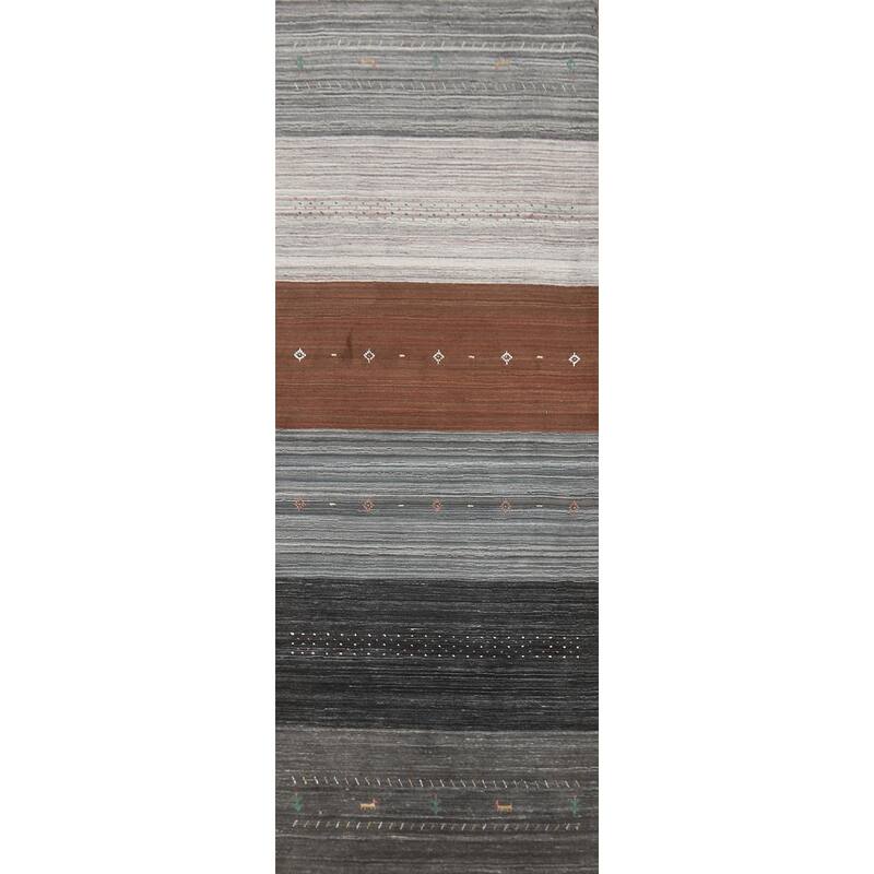 Striped Tribal Gabbeh Indian Runner Rug Hand-Knotted Wool Carpet - 3'0" x 10'2"