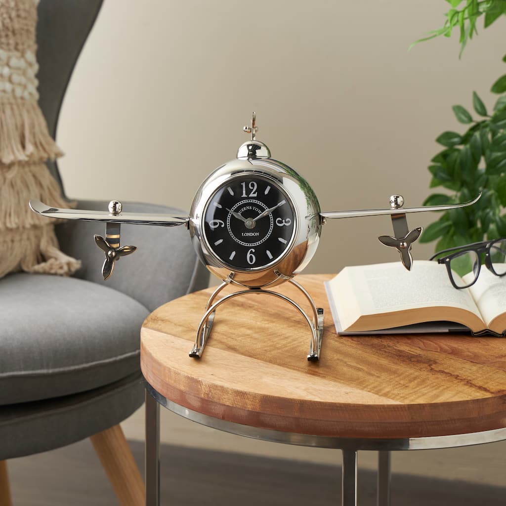 Silver Stainless Steel Metal Rounded Airplane Decorative Clock with Propellers