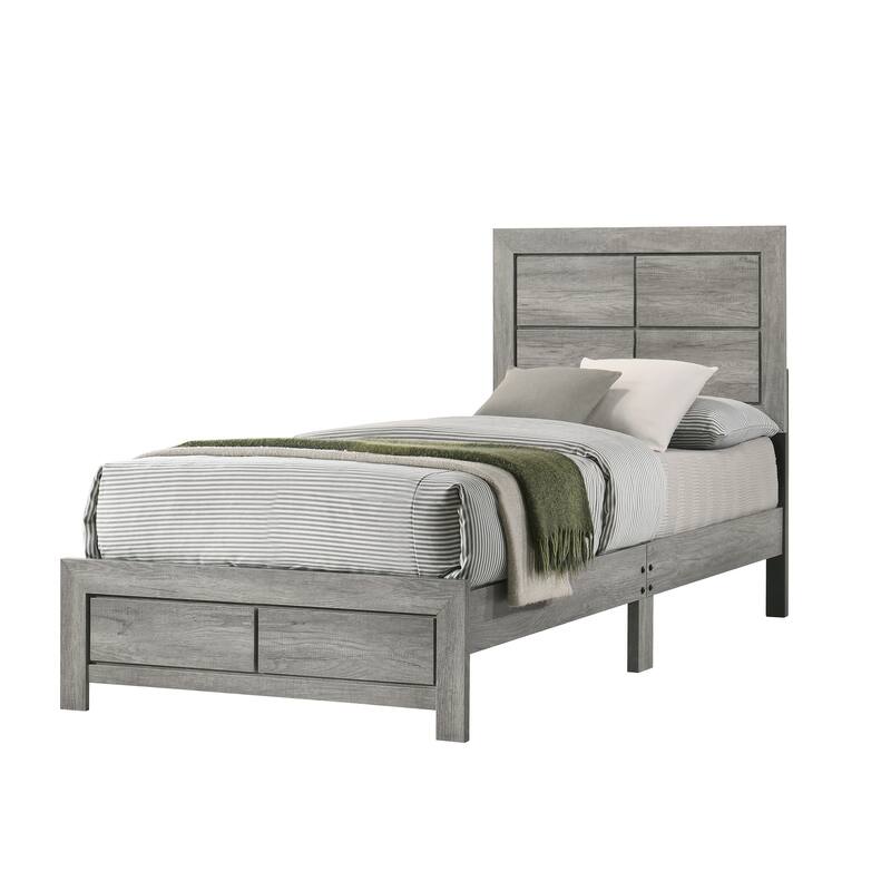 Twin Size Wood Platform Bed with Clean-Lined Headboard and Rustic Wood Grain Finish - Gray