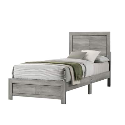 Twin Size Wood Platform Bed with Clean-Lined Headboard and Rustic Wood Grain Finish