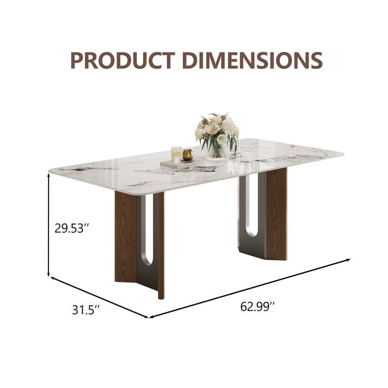 63" Modern Retangular Dining Table With Glossy White Sintered Stone Table Top, Kitchen Table With Stainless Steel Legs For 6