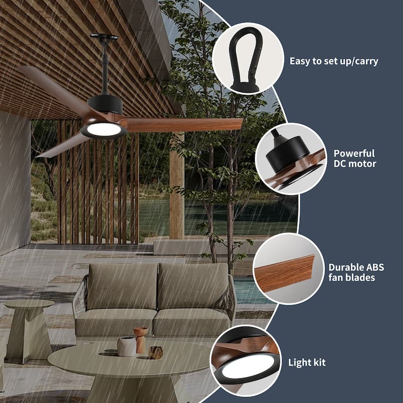 Outdoor Ceiling Fan with Light: 52 Inch Black Waterproof Gazebo Fans with Lights Outdoor Hanging 6 Speed Reversible DC Motor