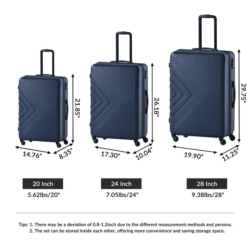 3 Piece Luggage Sets 20"/24"/28" Lightweight Hardshell Suitcase With 2 Hooks, Spinner Wheels, TSA Lock For Travel
