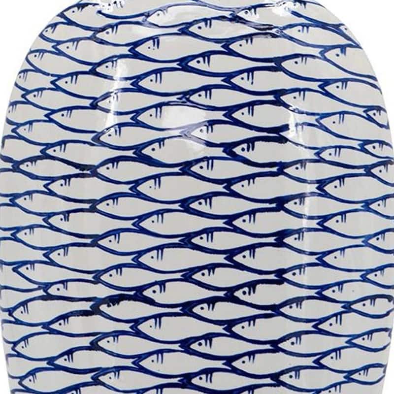 16" Blue And White Fish Print Oval Ceramic Table Vase - 11.80
