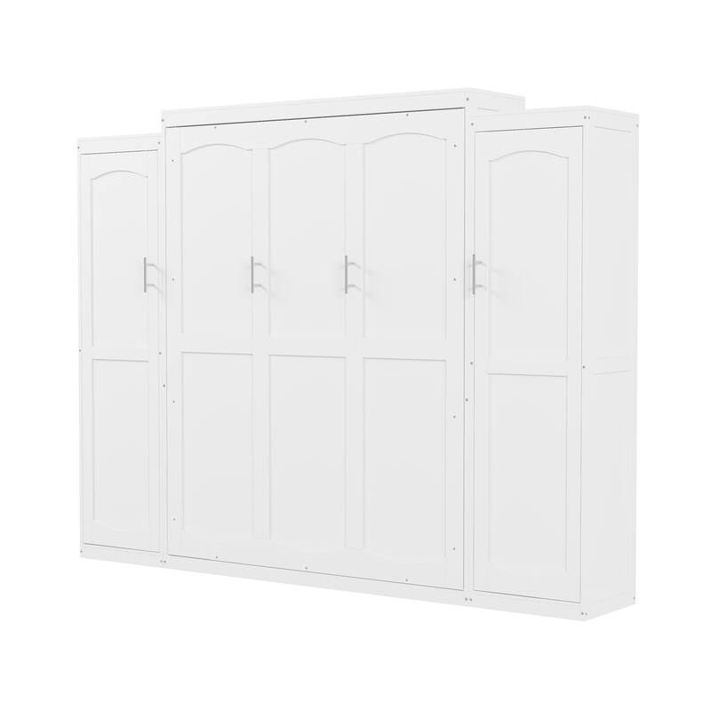 Convertible Full Size Wall Bed with Dual Wardrobes and Shelving, Foldable Platform Frame with Storage for Guest Room or Bedroom