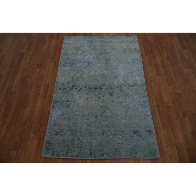 Hand Knotted Oriental Silk Carpet Modern Abstract Navy Blue & Blues Modern Area Rug - 5' 7'' X 3' 4''