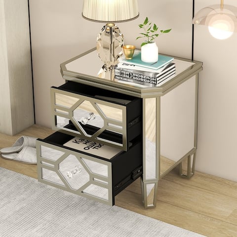 Mirrored Nightstand End Table with Golden Lines