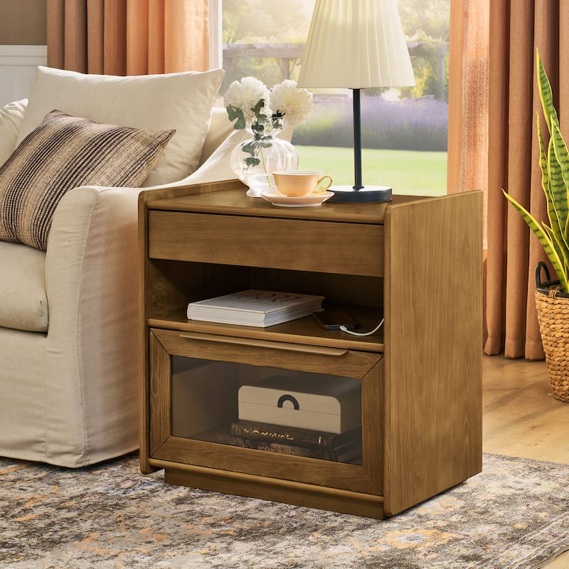 Mid-Century Modern Nightstand with USB Charging Station‌ - End Table Featuring 2 Drawers, Open Shelf & Glass-Front Cabinet
