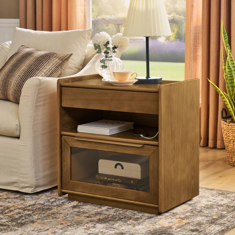 Roomfitters Mid Century Nightstand, Glass Drawer, Bedside Table with Charging Ports, Storage - Walnut